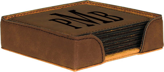 Custom Dark Brown Square Leatherette 6-Coaster Set - Leatherette