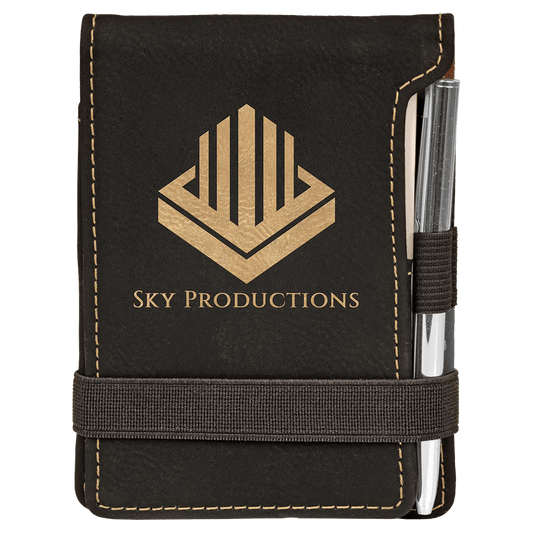 Personalized Black/Gold Leatherette Mini Notepad with Pen - Leatherette