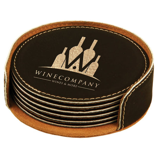 Custom Black/Gold Round Leatherette 6-Coaster Set - Leatherette