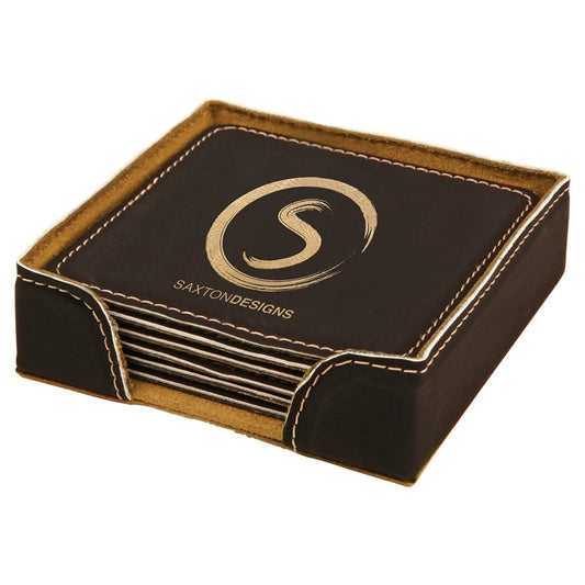Custom Black/Gold Square Leatherette 6-Coaster Set - Leatherette