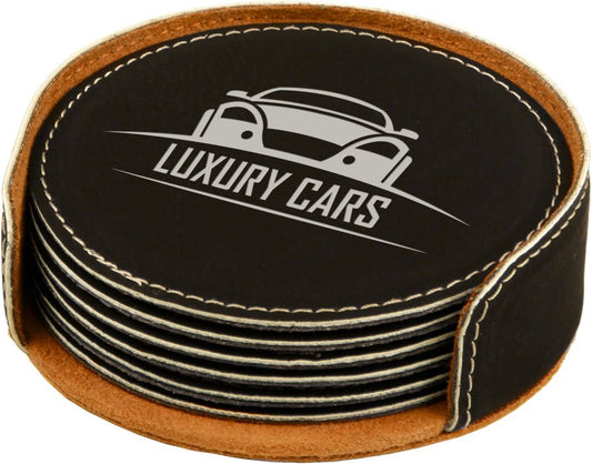 Custom Black/Silver Round Leatherette 6-Coaster Set - Leatherette