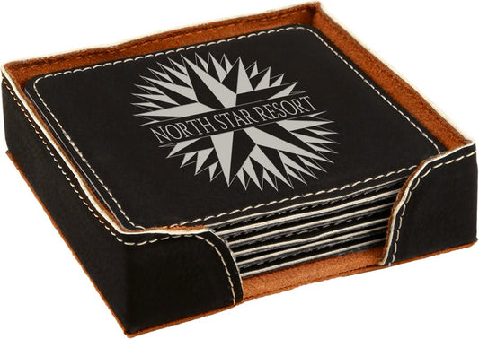 Custom Black/Silver Square Leatherette 6-Coaster Set - Leatherette