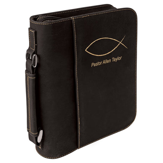 Personalized Black/Gold Leatherette Book/Bible Cover with Zipper - Leatherette