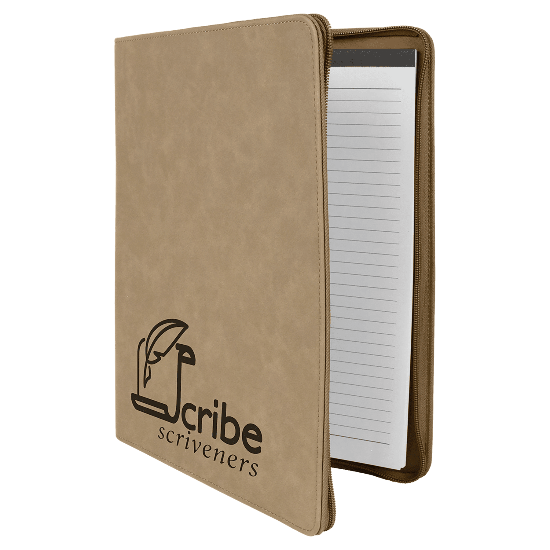 Personalized Light Brown Leatherette Portfolio with Zipper and Notepad - Leatherette