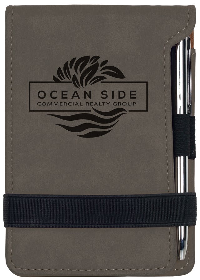 Personalized Gray Leatherette Mini Notepad with Pen - Leatherette