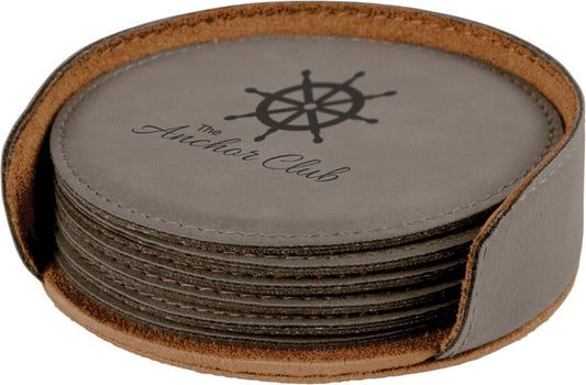 Custom Gray Round Leatherette 6-Coaster Set - Leatherette