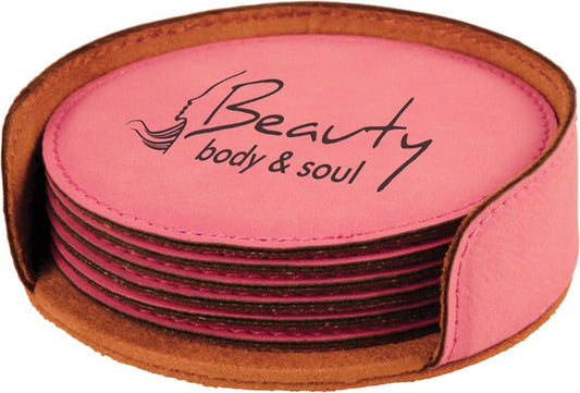 Custom Pink Round Leatherette 6-Coaster Set - Leatherette