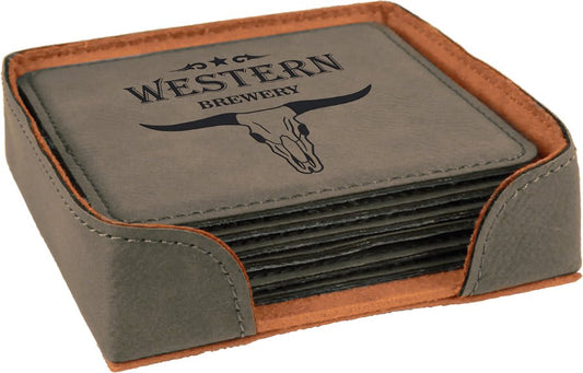 Custom Gray Square Leatherette 6-Coaster Set - Leatherette