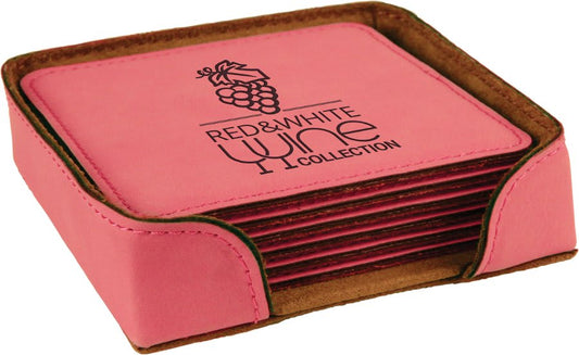 Custom Pink Square Leatherette 6-Coaster Set - Leatherette