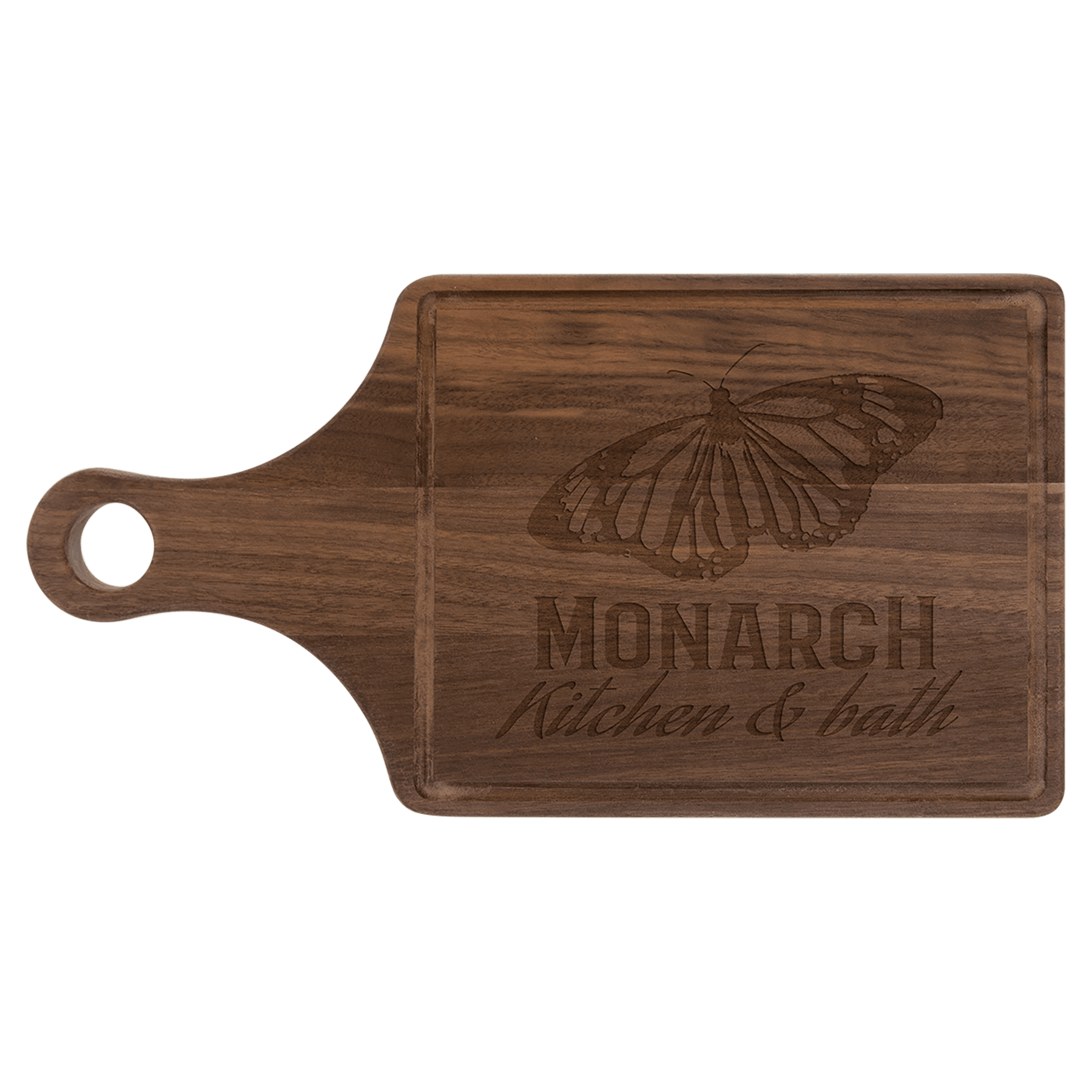 Custom Walnut Paddle Shapled Cutting Board with Drip Ring