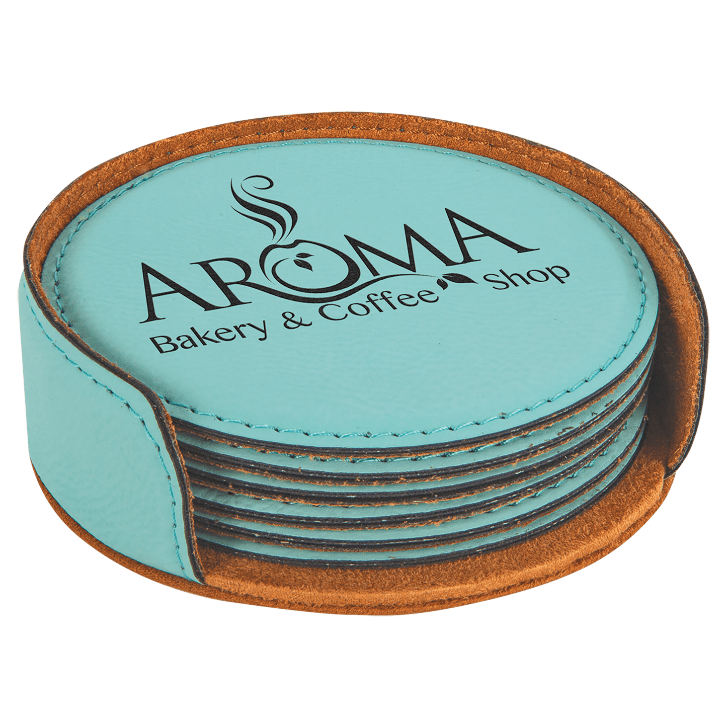 Custom Teal Round Leatherette 6-Coaster Set - Leatherette
