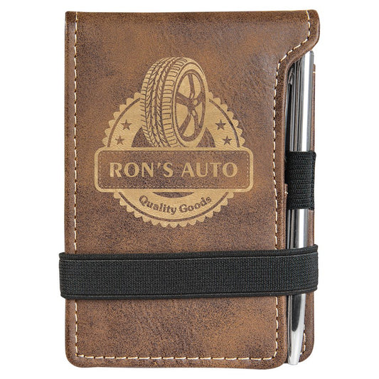 Personalized Rustic/Gold Leatherette Mini Notepad with Pen - Leatherette