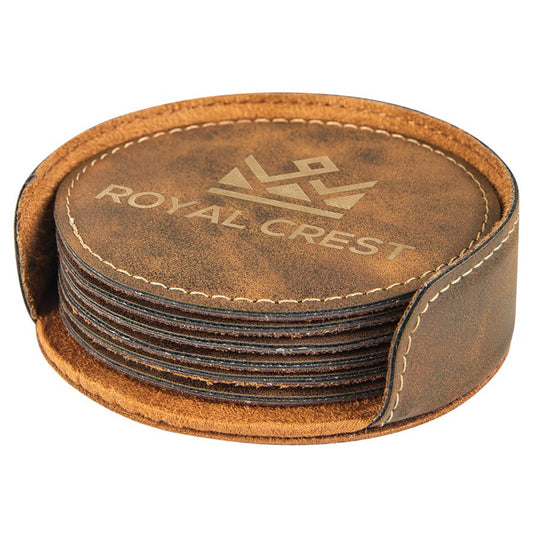 Custom Rustic/Gold Round Leatherette 6-Coaster Set - Leatherette