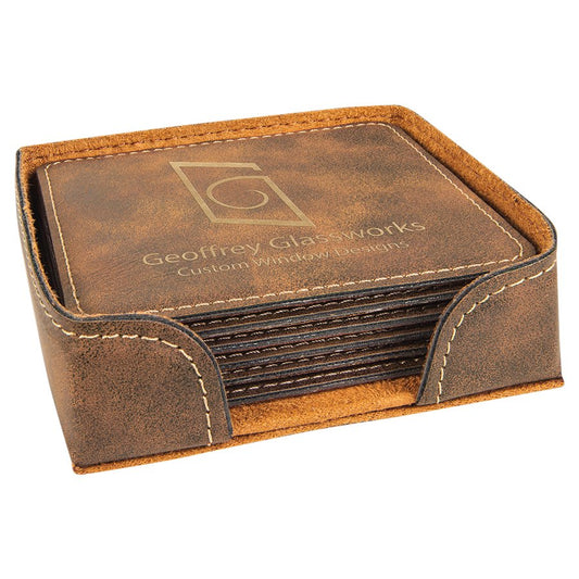 Custom Rustic/Gold Square Leatherette 6-Coaster Set - Leatherette