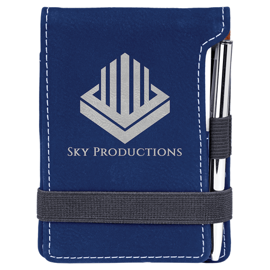 Personalized Blue/Silver Leatherette Mini Notepad with Pen - Leatherette