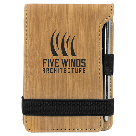 Personalized Bamboo Leatherette Mini Notepad with Pen - Leatherette