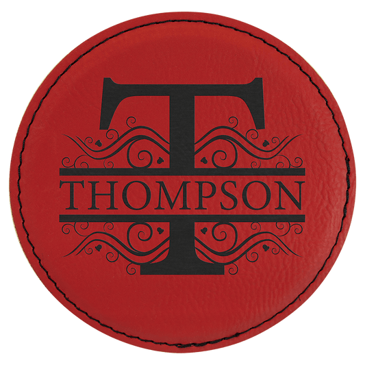 Custom Red Round Leatherette Coaster - Leatherette