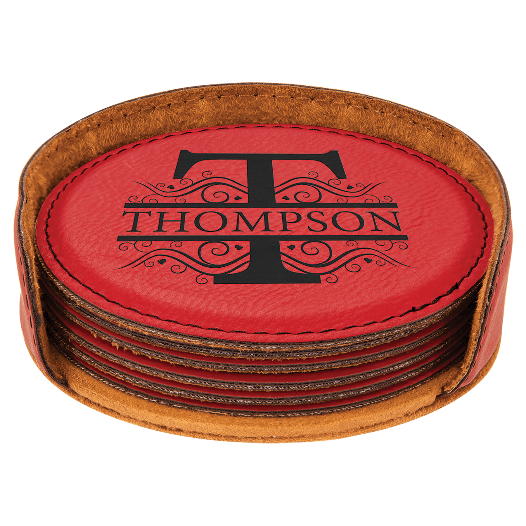Custom Red Round Leatherette 6-Coaster Set - Leatherette