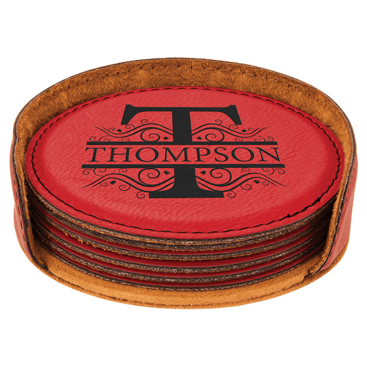 Custom Red Round Leatherette 6-Coaster Set - Leatherette