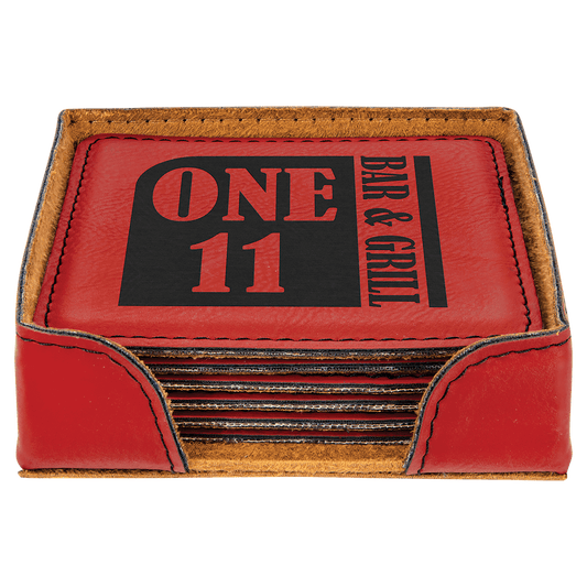 Custom Red Square Leatherette 6-Coaster Set - Leatherette