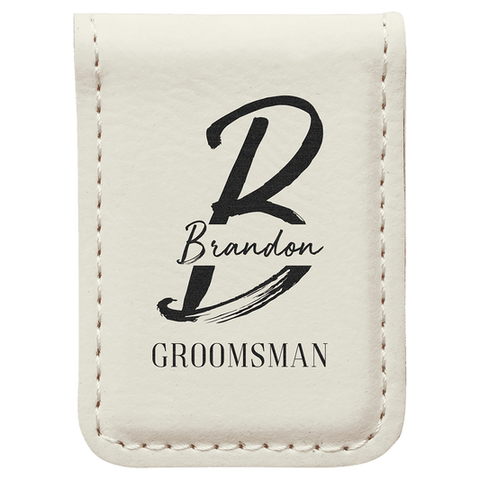 White Leatherette Engraved Money Clip - Leatherette