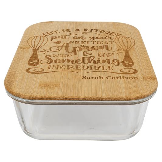 Rectangle Custom Engraved Glass Container with Bamboo Lid