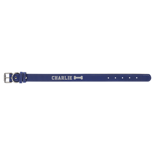 Personalized Blue/Silver Small Leatherette Dog Collar - Leatherette