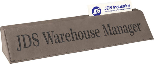 Gray Leatherette Personalized Desk Wedge with Business Card Holder - Leatherette