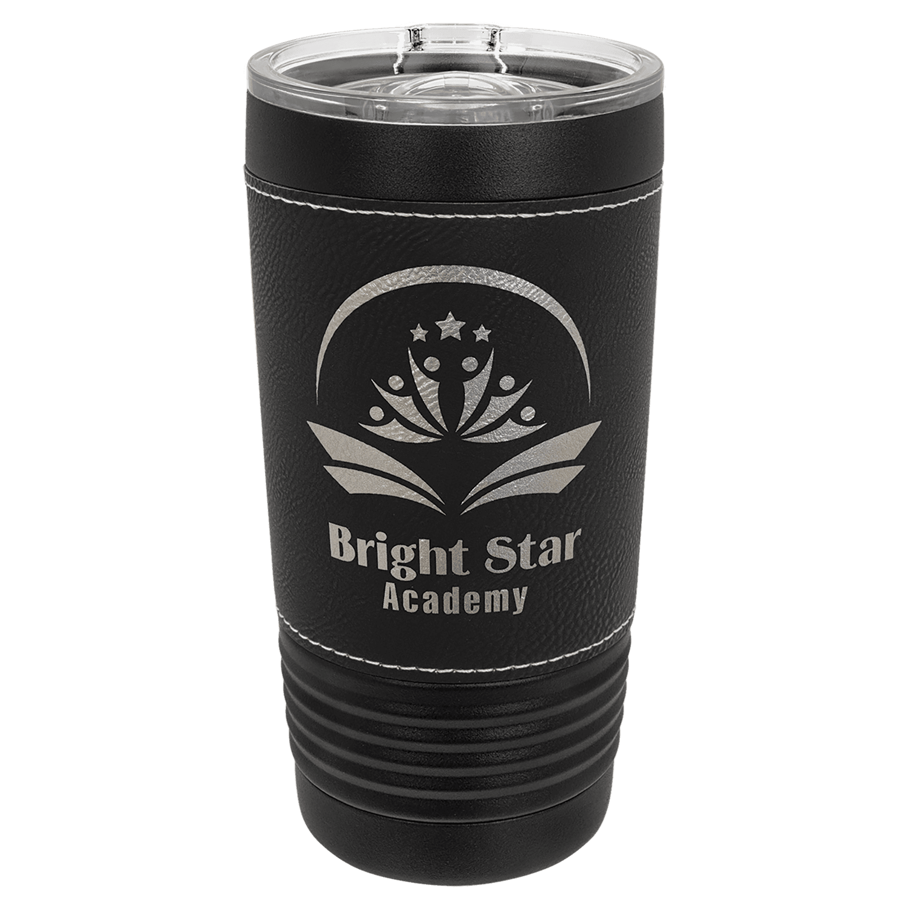 Custom Black with Black/Silver Leatherette Wrapped 20 oz. Polar Camel with Slider Lid