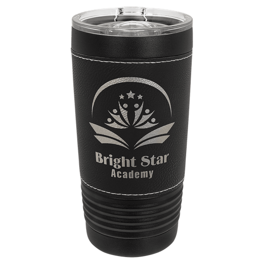 Custom Black with Black/Silver Leatherette Wrapped 20 oz. Polar Camel with Slider Lid