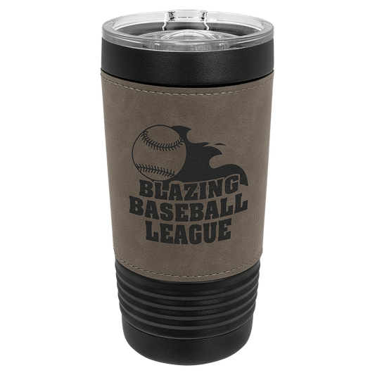 Custom Black with Gray Leatherette Wrapped 20 oz. Polar Camel with Slider Lid