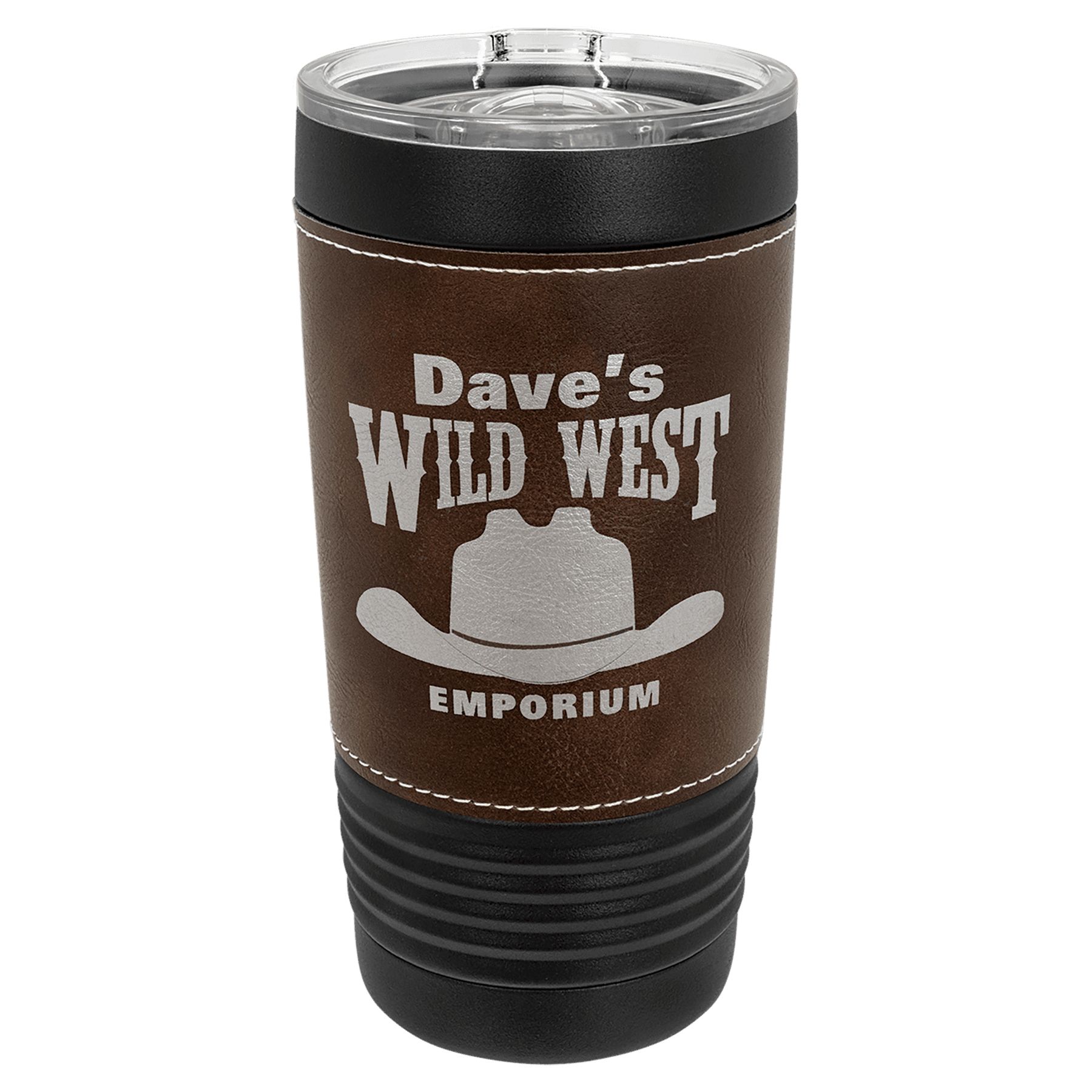 Custom Black with Rustic Leatherette Wrapped 20 oz. Polar Camel with Slider Lid