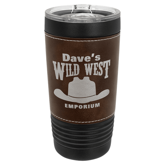 Custom Black with Rustic Leatherette Wrapped 20 oz. Polar Camel with Slider Lid