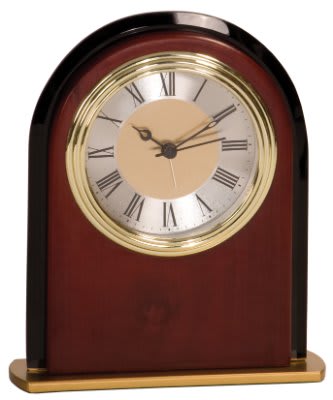 Arch Mahogany and Custom Engraved Glass Desk Clock