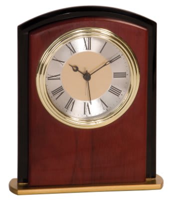 Square Arch Mahogany Finish and Custom Engraved Glass Desk Clock