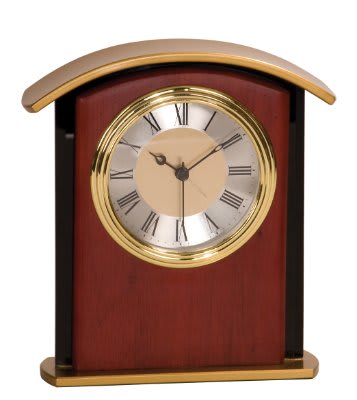 Arch Gold Top Mahogany Finish and Custom Engraved Glass Desk Clock