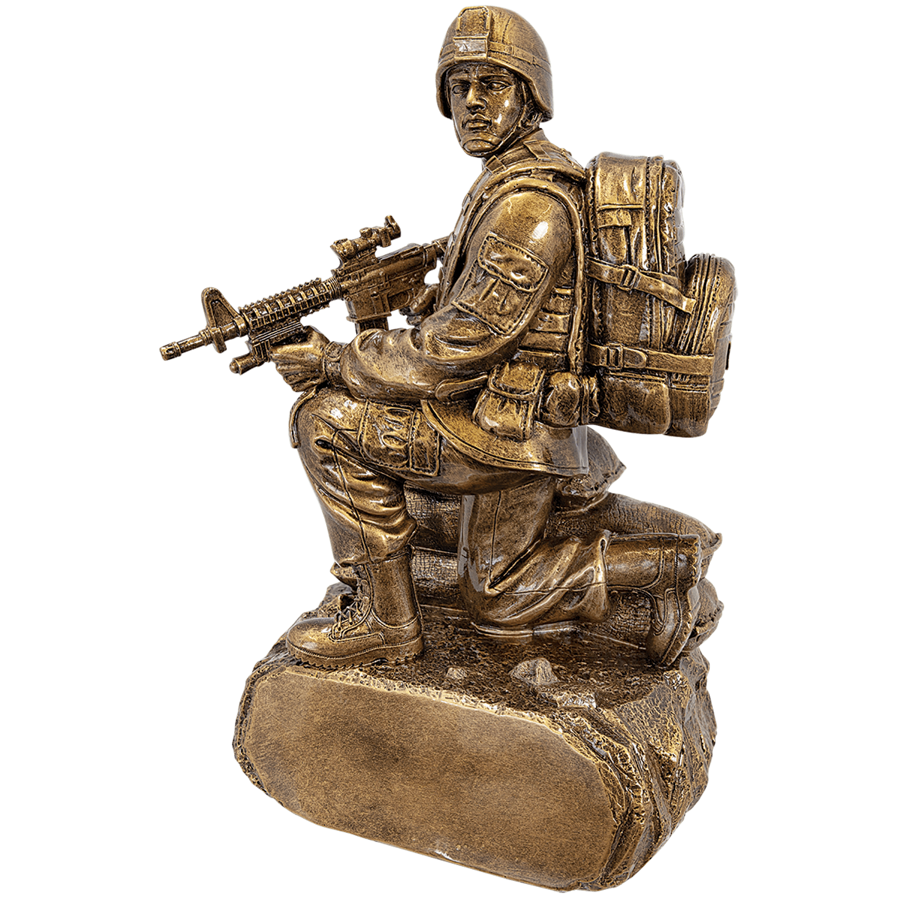 Personalized Antique Gold Military Resin Kneeling with Sandbags