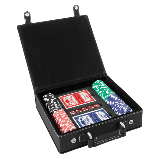 Personalized Black/Silver Leatherette Poker Set - Leatherette