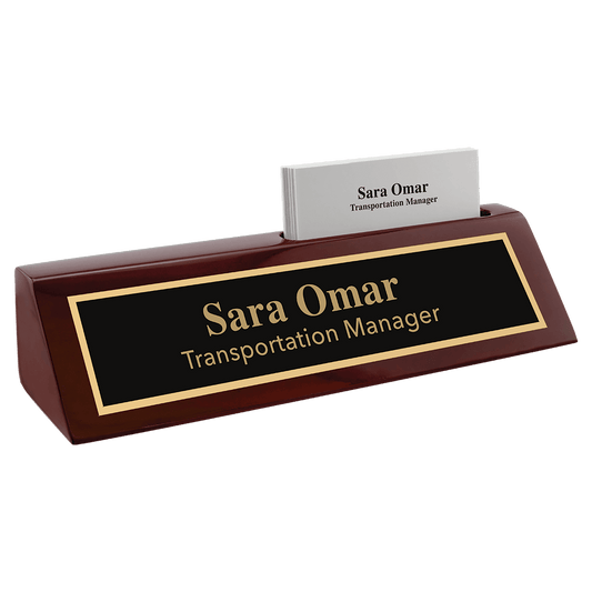 Rosewood Piano Finish Personalized Desk Wedge with Business Card Holder