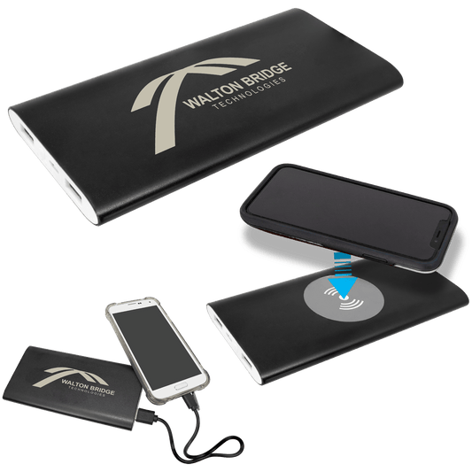Personalized Black Power Bank and Anodized Aluminum Wireless Charger with Power Cord