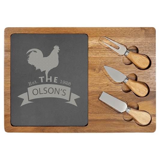 Custom Acacia Wood with Slate Serving Board Includes Cheese Tools