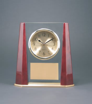 Rosewood Finish Custom Engraved Glass Clock with Beveled Columns