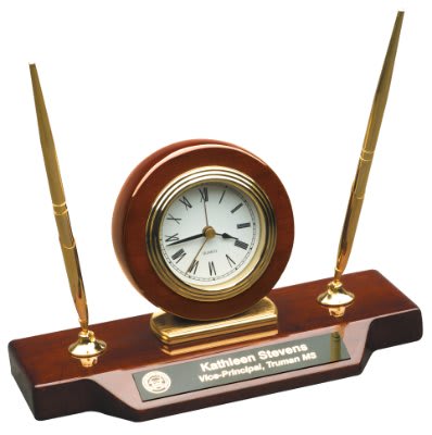 Rosewood Piano Finish Personalized Desk Clock on Base with 2 Pens