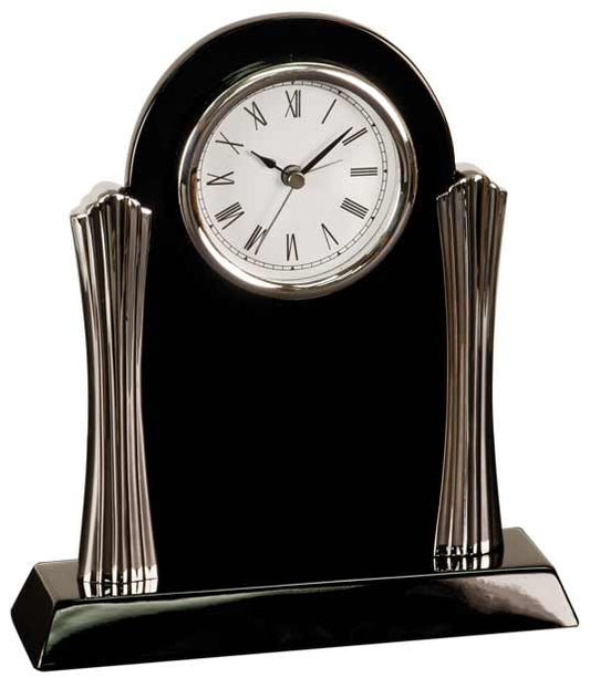 Black Personalized Desk Clock with Silver Metal Columns - Wood