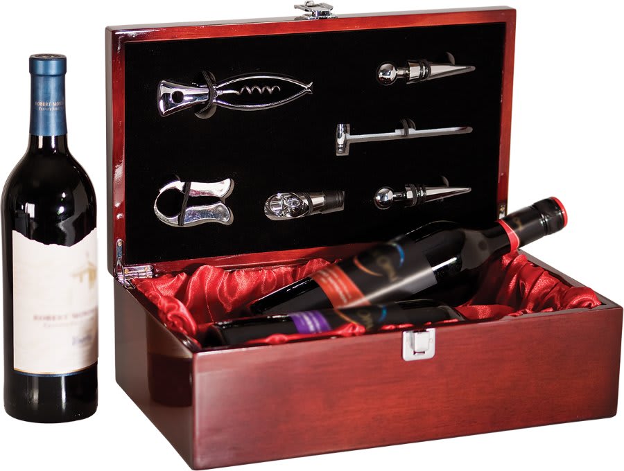 Custom Rosewood Piano Finish Double Wine Presentation Box with Tools