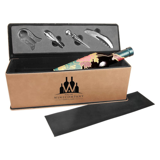 Custom Light Brown Leatherette Wine Box with Tools - Leatherette