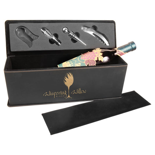 Custom Black/Gold Leatherette Wine Box with Tools - Leatherette