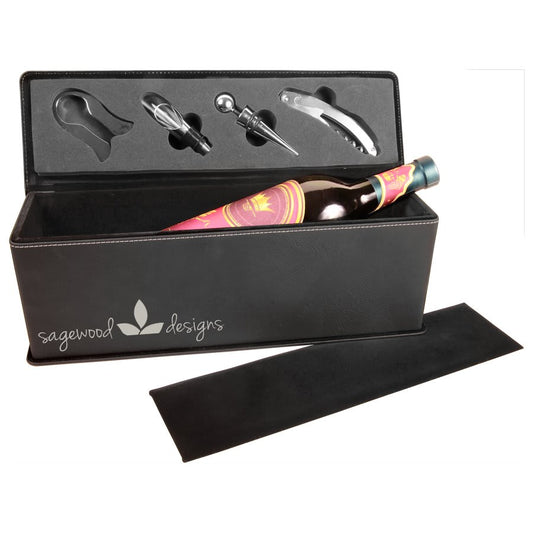 Custom Black/Silver Leatherette Wine Box with Tools - Leatherette