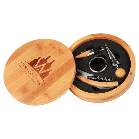 Custom Round Bamboo 4-Piece Wine Gift Set