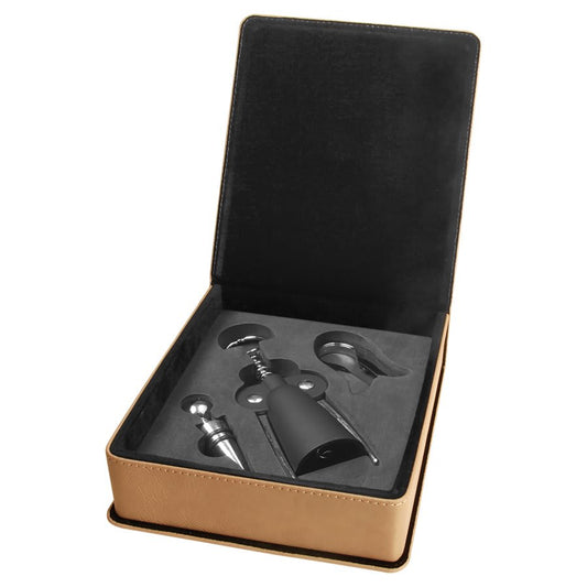 Custom Light Brown Leatherette 3-Piece Wine Tool Set - Leatherette